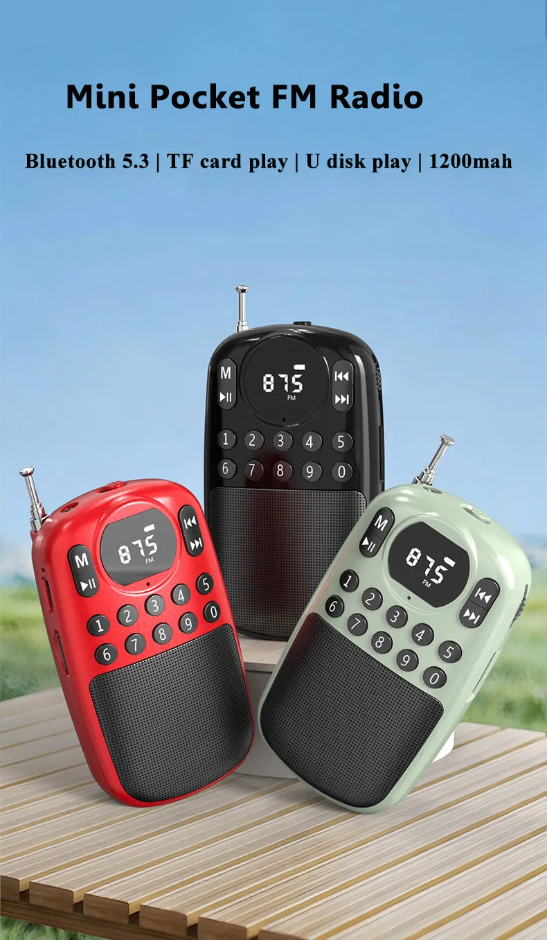 Mini Radio FM de Bolsillo, Receptor Digital Portátil con Pantalla HD, Altavoz Bluetooth Inalámbrico, Reproductor de Músi