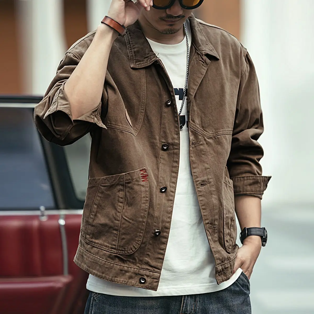 American Style Vintage Work Clothes Men Spring Trend All-match Cowboy Coat Casual Loose Embroidery Flip Collar Patchwork Jacket