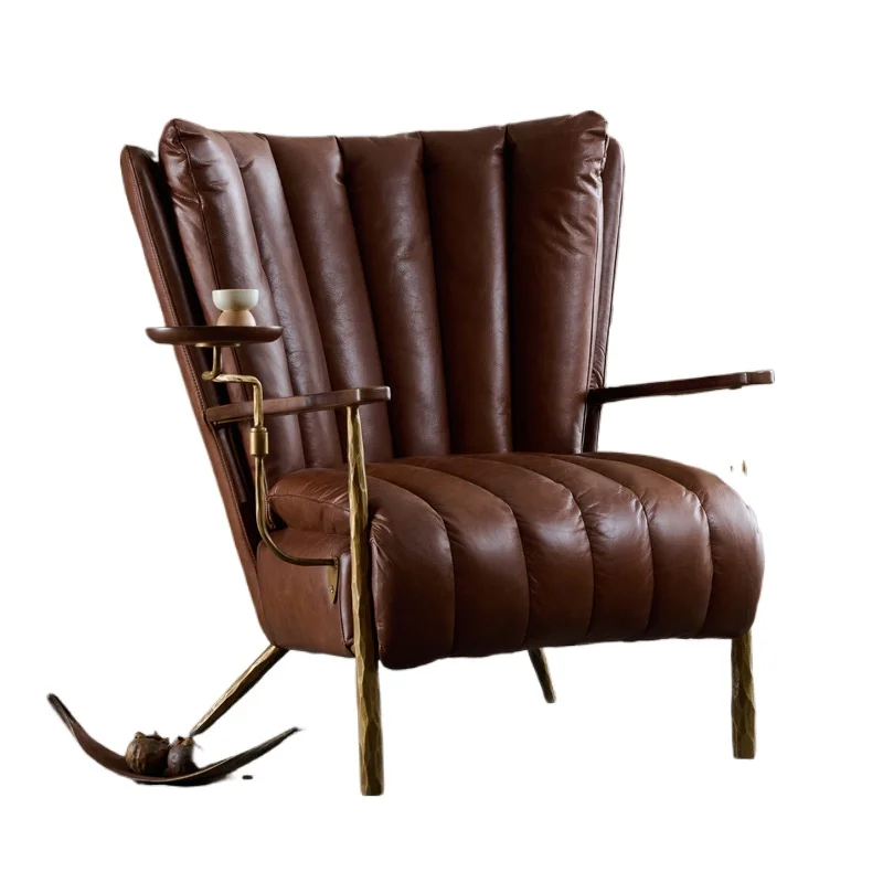 

Medieval forged wrought iron leather single sofa chair retro oil wax leather casual cigar god of war tiger chair