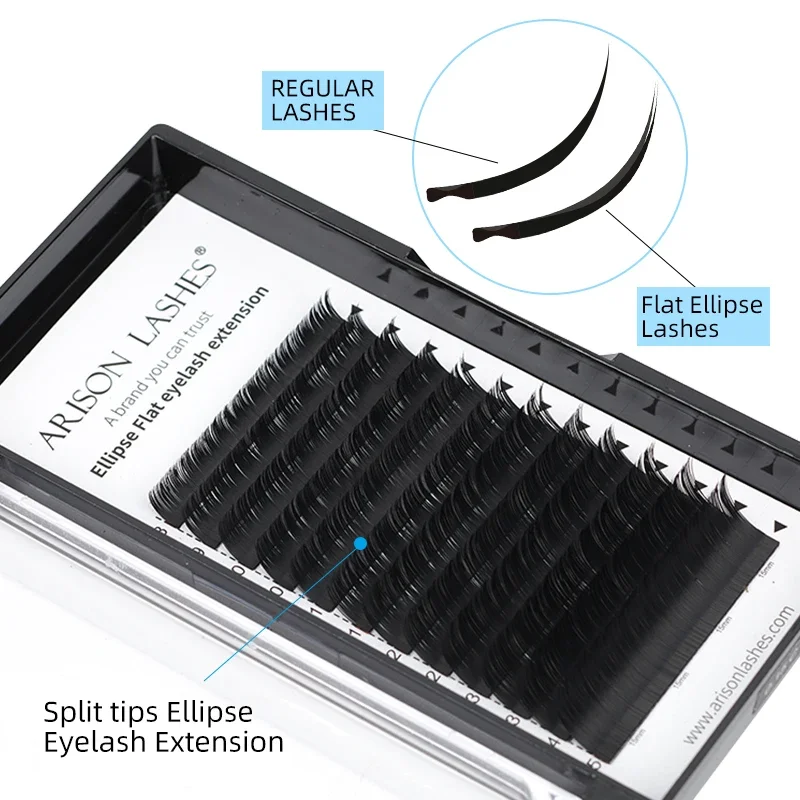 ARISON Black Ellipse Flat Lashes Extensions Lash Matte Split Tip Professional Soft Silk Flat Eyelashes C D Curl Eyelash Wholesal