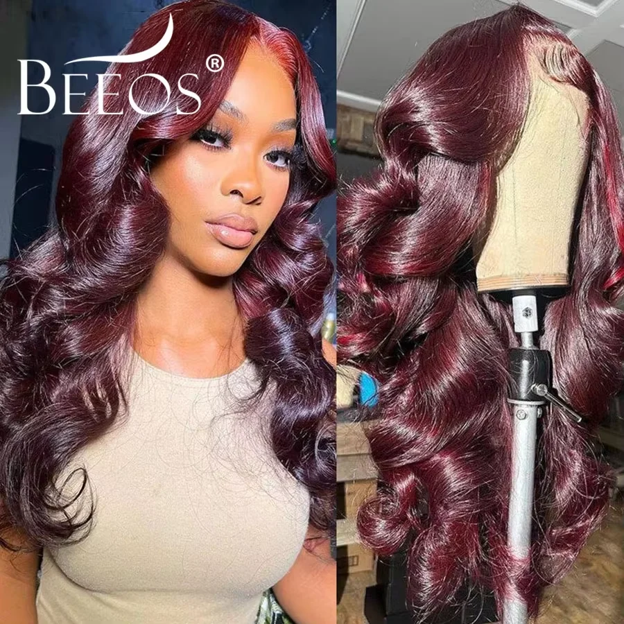 34in 99J أحمر داكن بورجوندي 13X6 HD الدانتيل شعر مستعار أمامي الباروكات الملونة الجسم موجة خصلات الشعر المستعار الإنسان سريعة Qeave شعر ريمي البرازيلي #5
