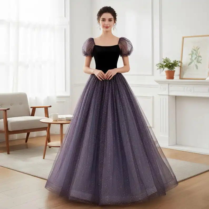 Hada púrpura mangas cortas tul graduación princesa vestidos de noche cóctel Maxi vestidos de baile de Navidad vestido Formal mujeres elegante