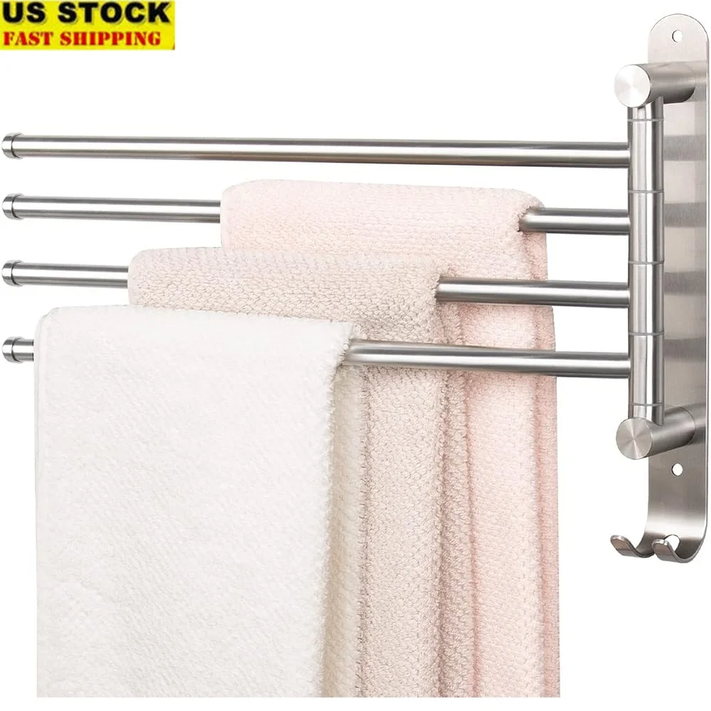 

4-Arm Swivel Towel Rack SUS304 Stainless Steel Wall Mounted Space Saving Holder Bathroom Kitchen Rustproof Organizer