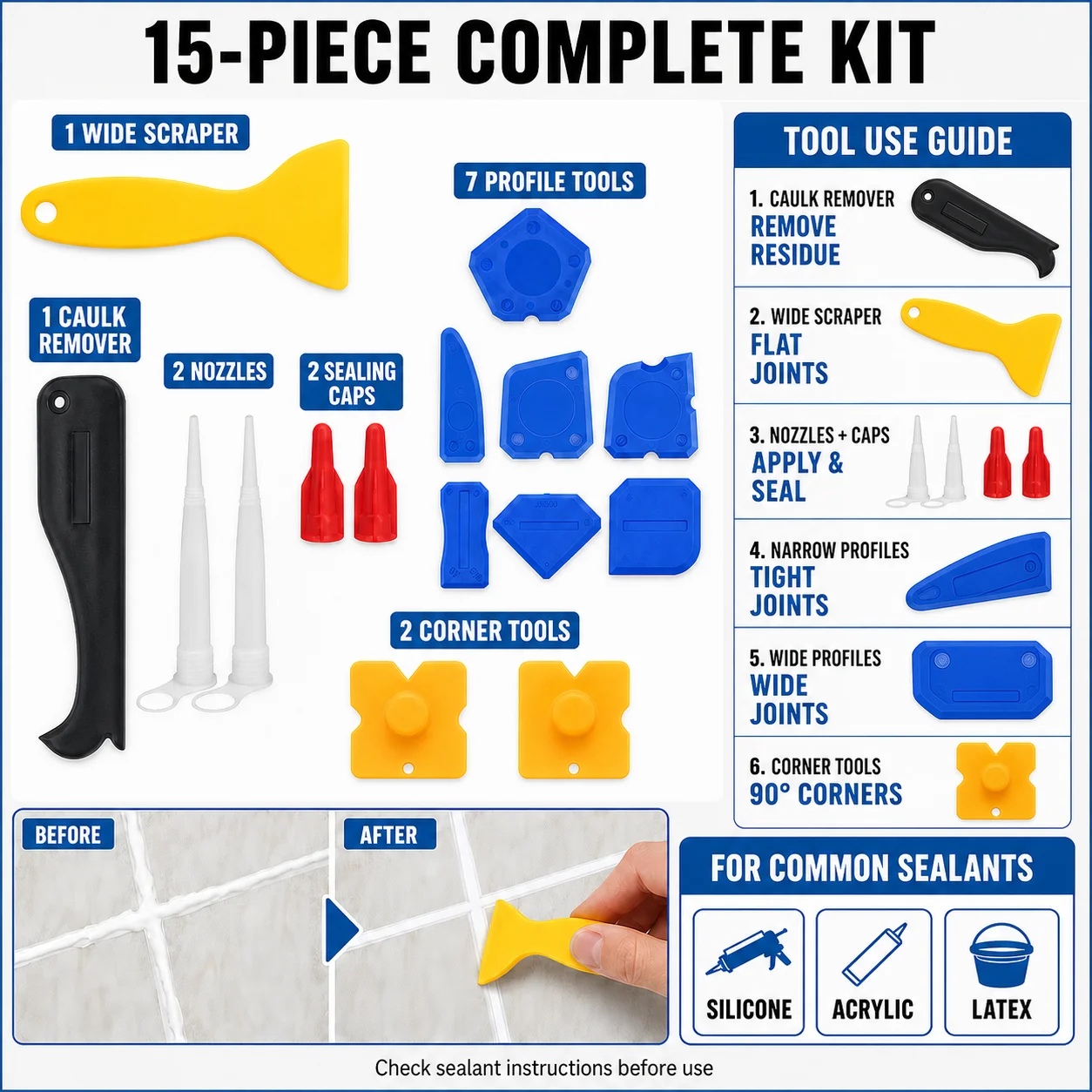15PCS Caulking Tool Kit for Silicone Sealant, Remover Scraper and Finishing Profiles for Bathroom Kitchen Sink Window Joints