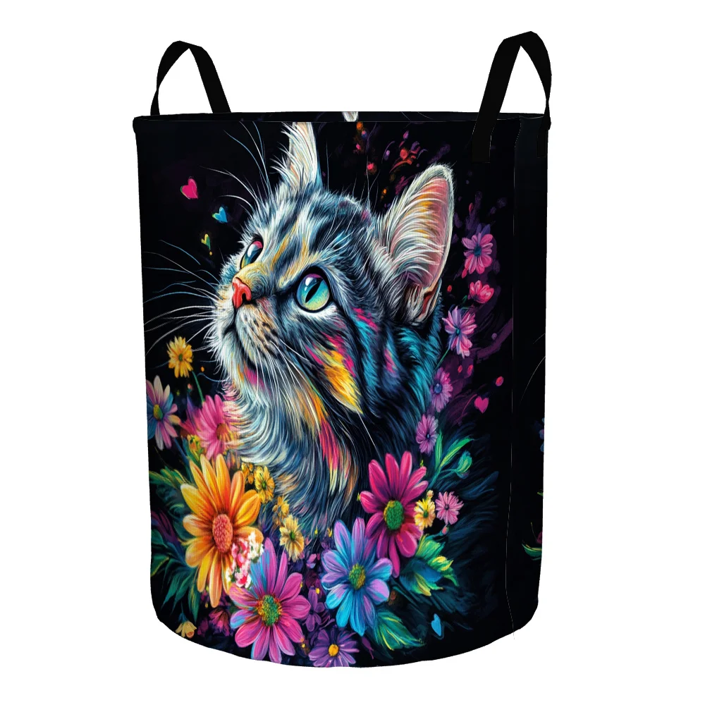 

Красочная складная корзина для белья с цветочным принтом и изображением кошек, складной контейнер для хранения для спальни, домашний органайзер, контейнер для одежды и игрушек
