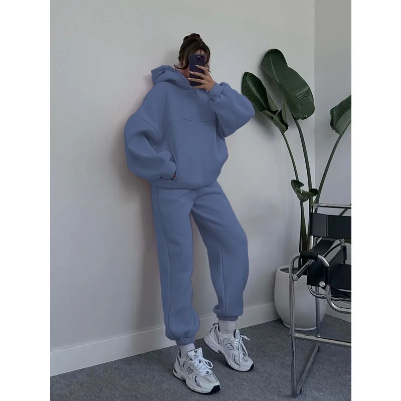 

Solid Streetwear Two Piece Set for Women Casaul Pocket Long Sleeves Hooded Sweatshirt Tracksuit Fall Winter High-waist Pant Sets