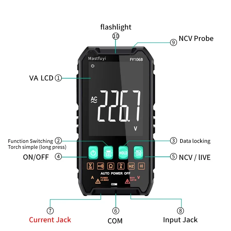 MASTFUYI FY106 Multímetro digital profesional 600V/4A CA/CC Tensión Corriente True RMS Auto-Rango Volt/Amp/Ohm/Prueba de capacitancia