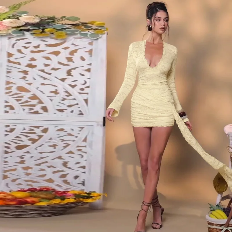 Amazon transfronteiriça venda quente europeu e americano novo sexy profundo v hip emenda renda streamer manga longa vestido de dupla camada