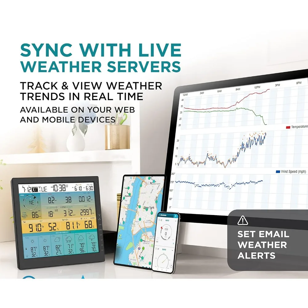 Réseau de capteurs solaires 7 en 1, prévisions sur 6 jours, Wi-Fi, grand écran couleur de 10 pouces, vitesse et direction du vent, pluie