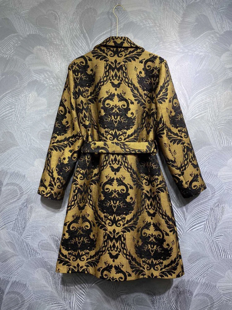 DLDENGHAN Double Breasted Coat Turn-down Collar Long Sleeves Lace-up Vintage Print Outerwear Fashion Runway New