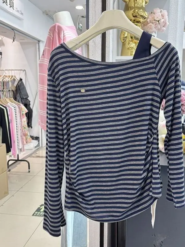 

plus Size 300 Pounds Women's Korean College Style T-Shirt Striped Long Sleeve Irregular Pleated Loose Fit Autumn Top Coat