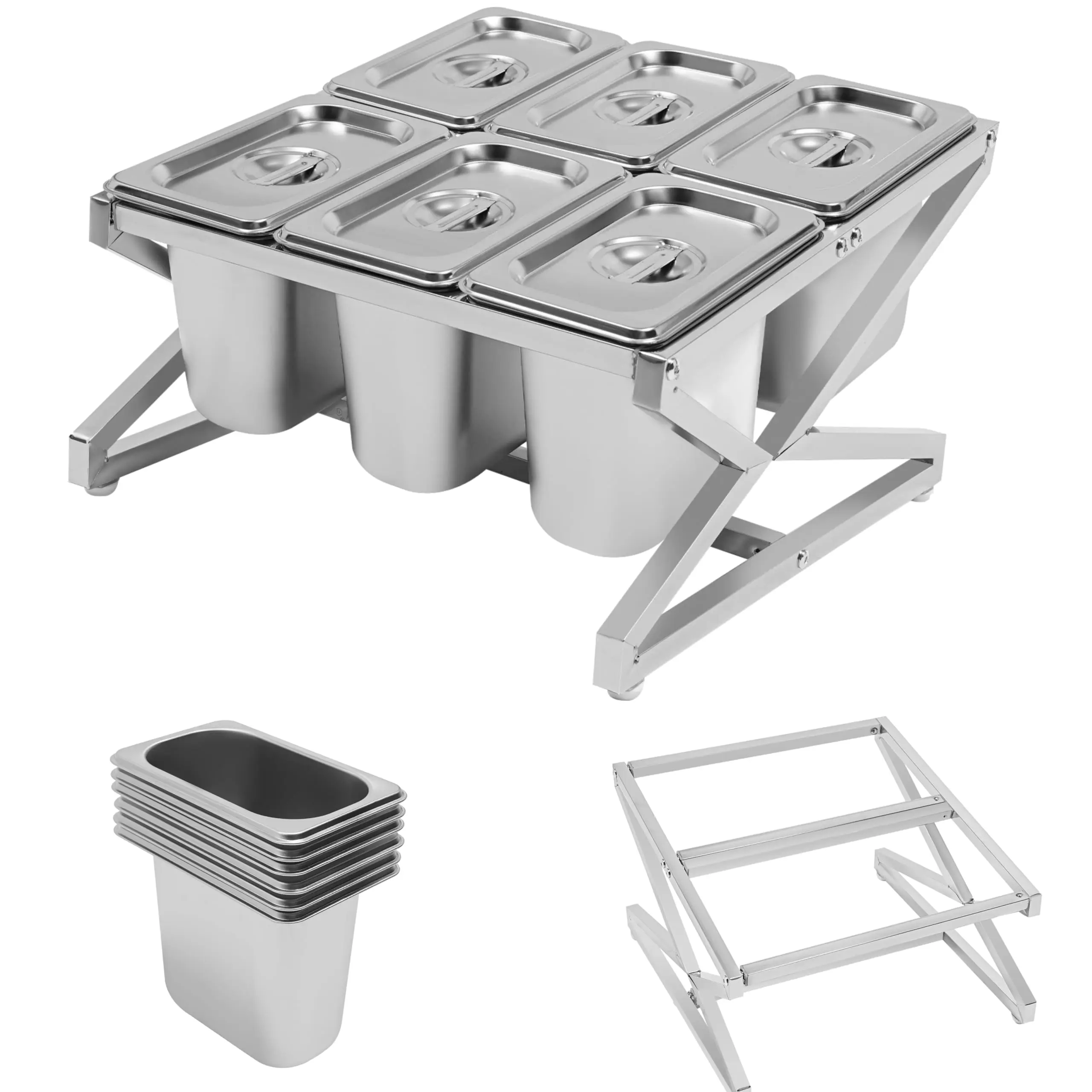 

25.6-In Telescoping Condiment Food Prep Station Center Self with 6 Pans, 6 Lids and 6* Spoons for Kitchen Bar Restaurants and Bu