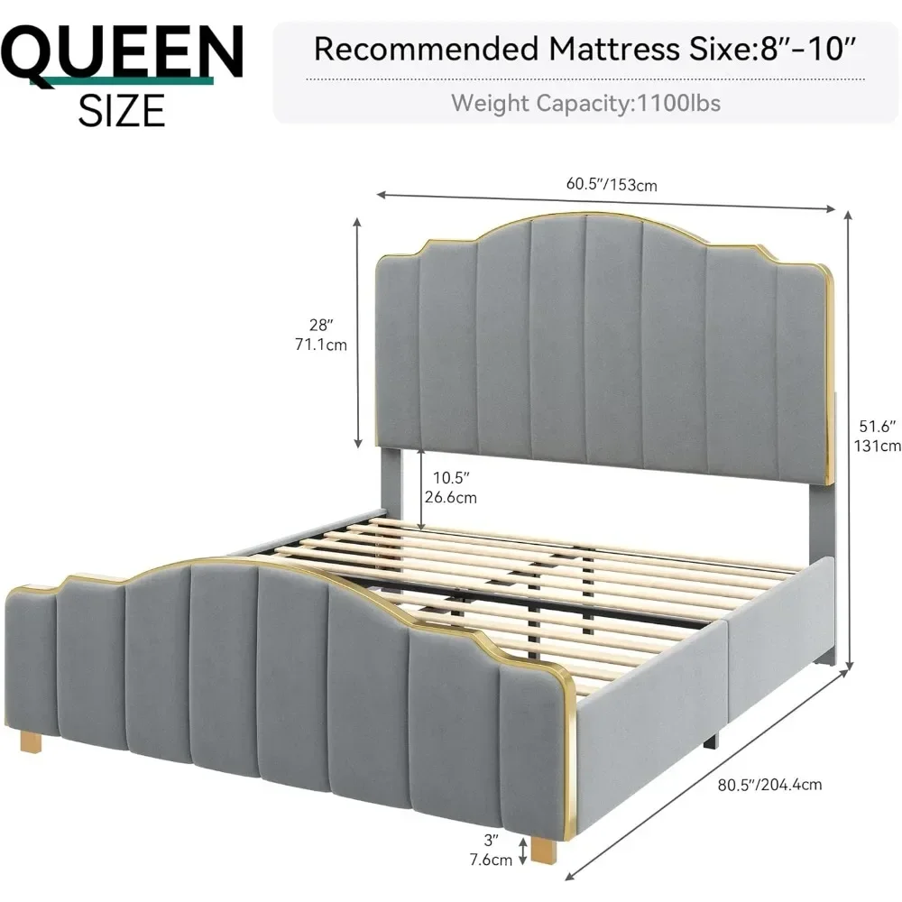 Bed Frame with Tall Headboard, Premium Velvet Upholstered Bed with Golden Plating Trim,Platform Bed No Box Spring Needed