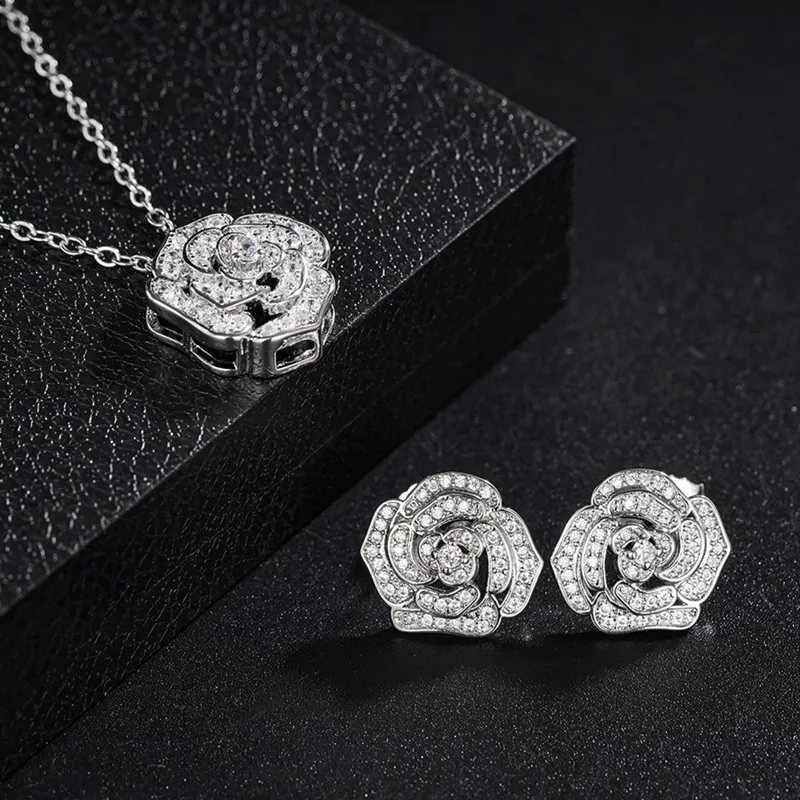 Huitan Elegantes Blumen-CZ-Schmuckset für Damen, 2-teiliges Set mit Rosenanhänger-Halskette und Ohrringen, Cubic Zirconia Braut-Hochzeits-Accessoires – Detail 3