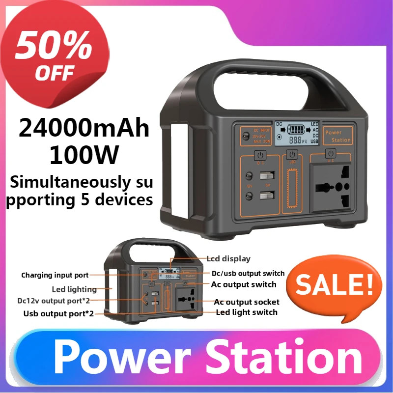 

Power Bank for Camping Power LED Solar Generator Outdoor Emergency Portable Power Station 24000mAh 100W 76.8Wh