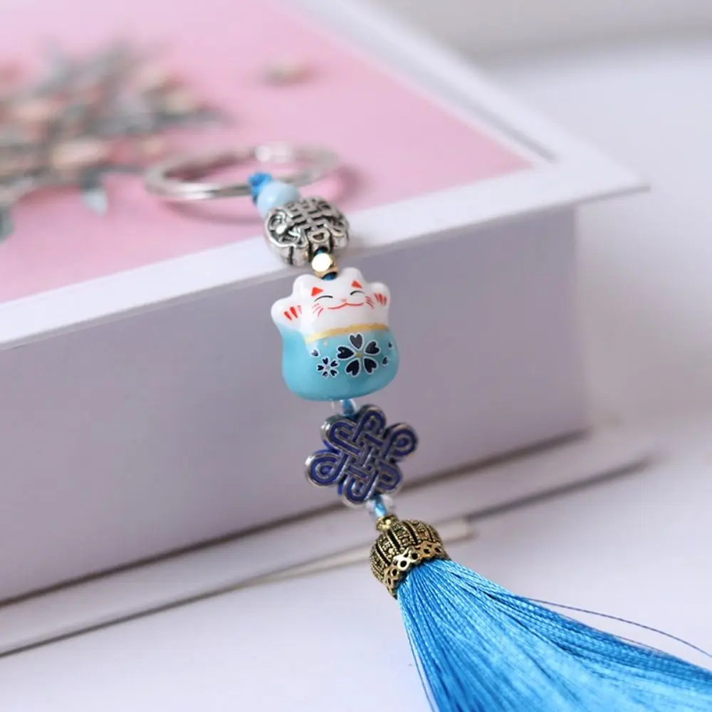 Cartoon Keychain Cat Keyring Lucky Cat Pendant Key Chains Chinese Knot Tassel Weaving Key Holder