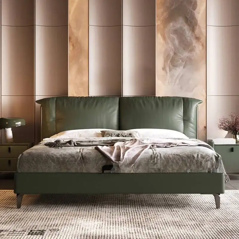 

European Green Double Bed Elegant Normal Wooden Frame Style Double Bed Adults Storage Luxury Cama Matrimonial Furniture For Home