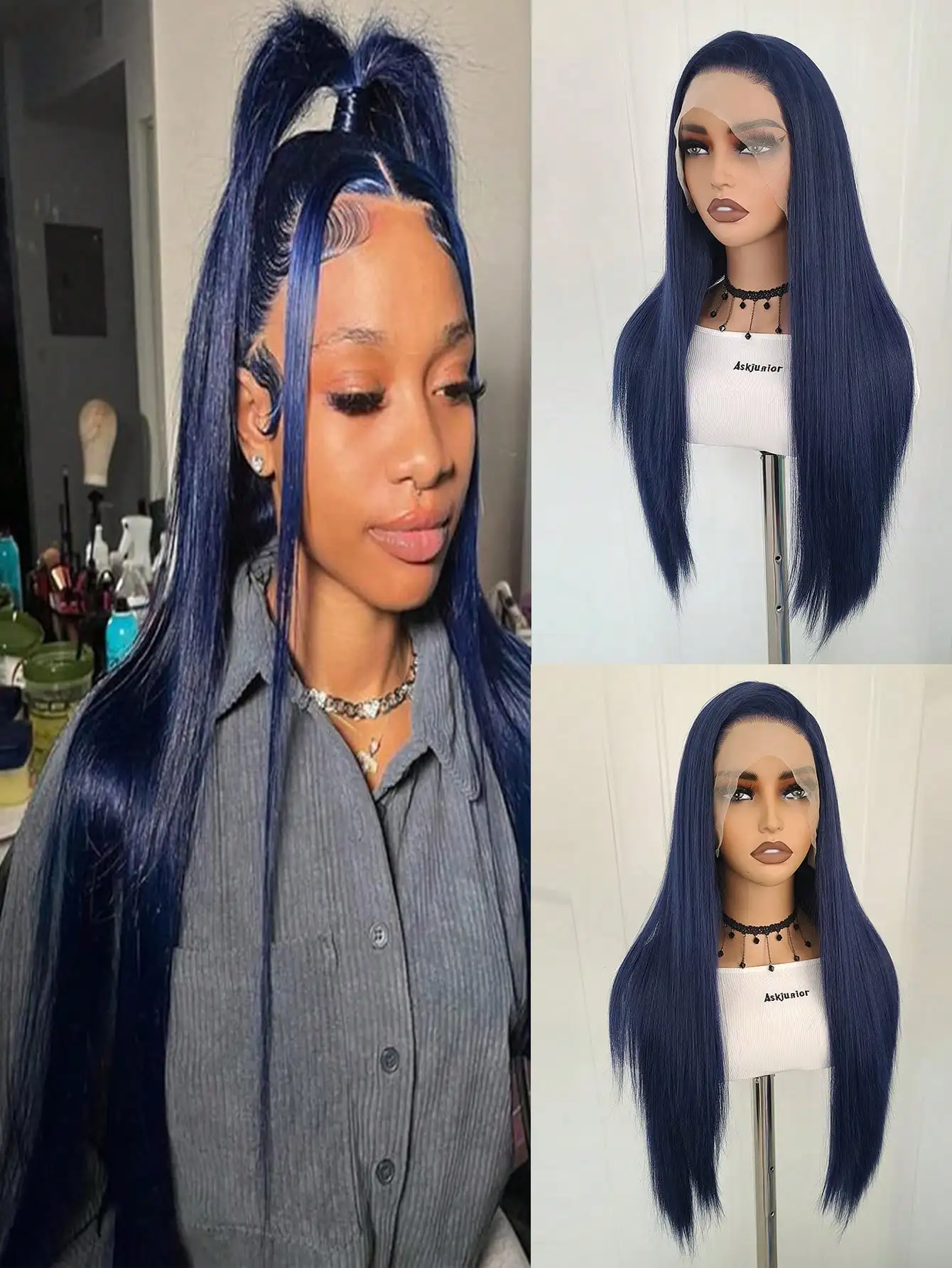 Long Straight Navy Blue Synthetic Lace Front Wigs Pre Plucked Natural Hairline Heat Resistant Fiber Hair Cosplay Daily Wear Wig