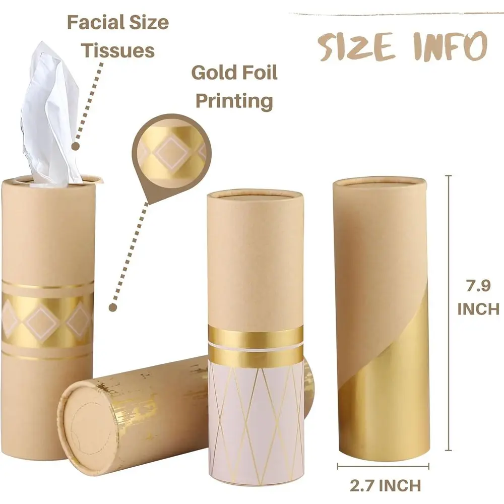 Car Tissue Holder 3-ply Facial Tissue Bulk - 4 PK - Gold Tissue Cylinder or Car Cup Holder, Travel Tissue, Refillable Tissue Box