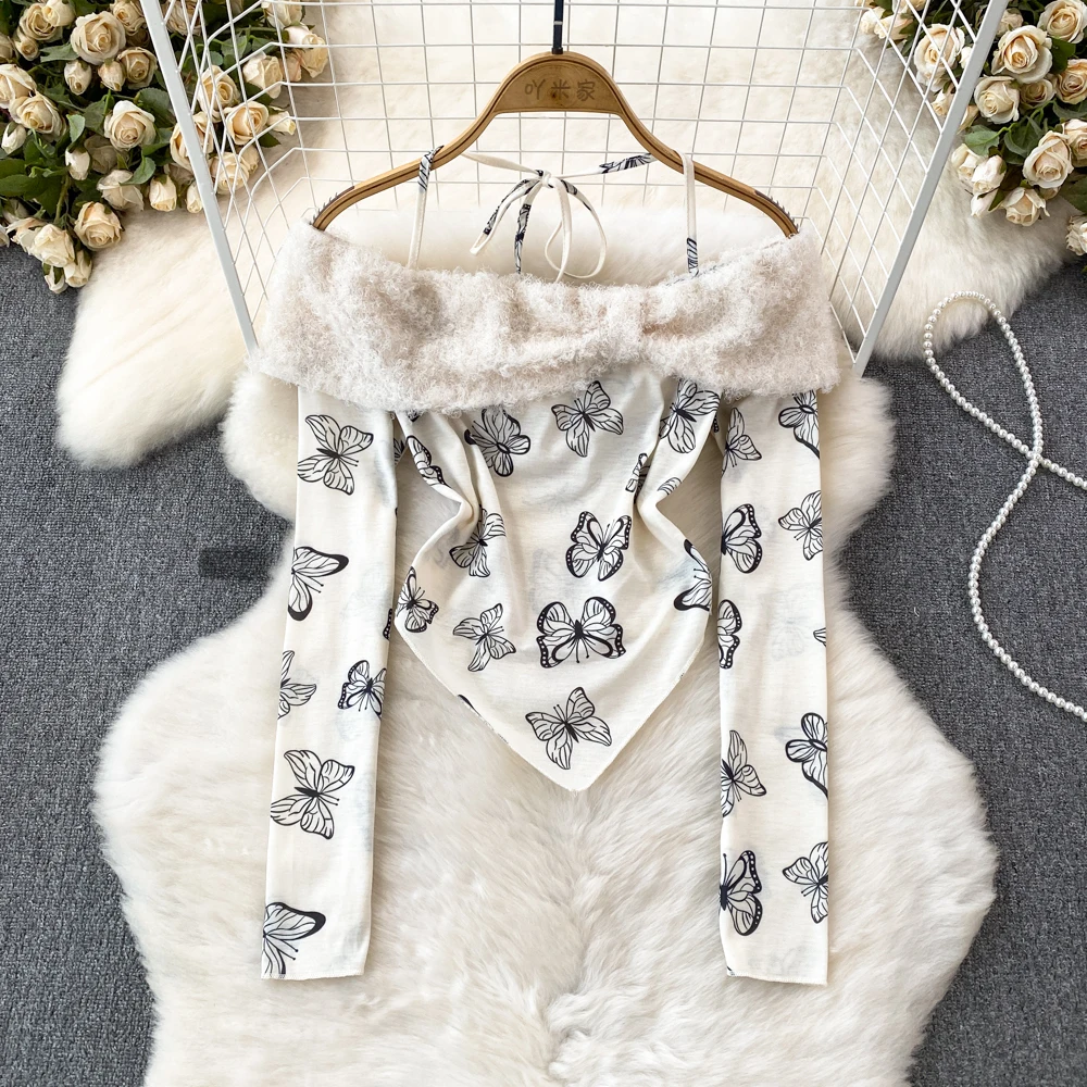 Spring Fall Fashion Sweet Streetwear Girl's Shirt Halter Cross Tie Rope Off Shoulder Slim Fit Irregular Butterfly Printed Top