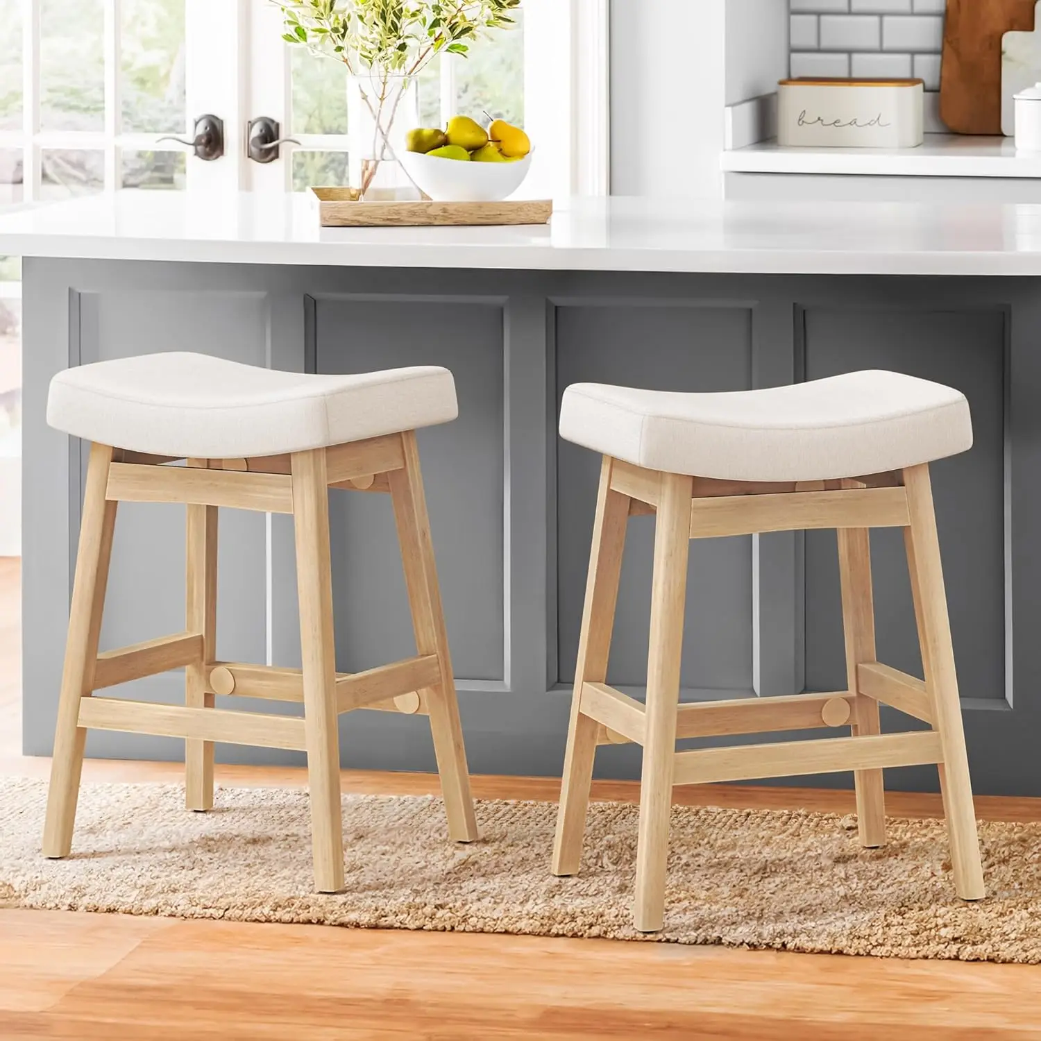 

Bar Stools Set of 2, Barstools with Sturdy Wood Legs, Saddle Seat Counter Height Bar Stools for Kitchen Counter, Bar, Dining