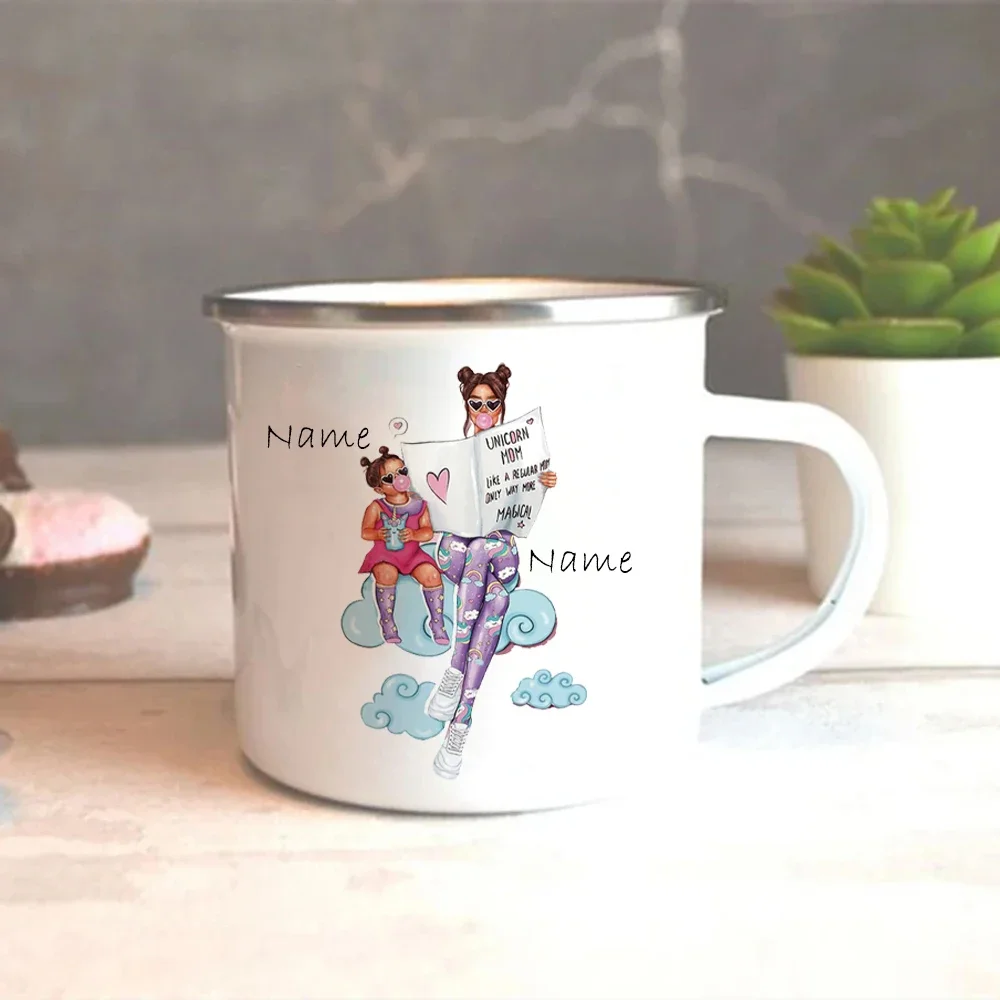 Personalized Anime Mug with Name on the Mug, Enamel Cup, Sublimation Tumbler, Unique Gift, Reading Mother and Daughter, Kawaii