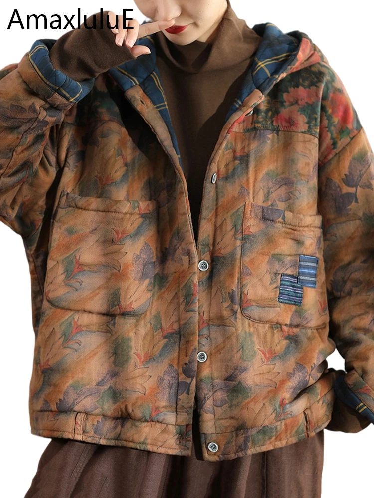 

Amax LuluE 2025 Winter Printed Parkas Women Loose Floral Hooded Padded Jackets Ladies Classic Casul Warm Coats Fashion Outerwear