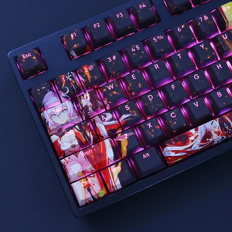 1ชุดผลกระทบ Honkai 3 Kiana Herrscher ของ Flamescion Keycap PBT Dye Sub Backlit Gaming Key Caps สำหรับ ANSI 61 87 104 108