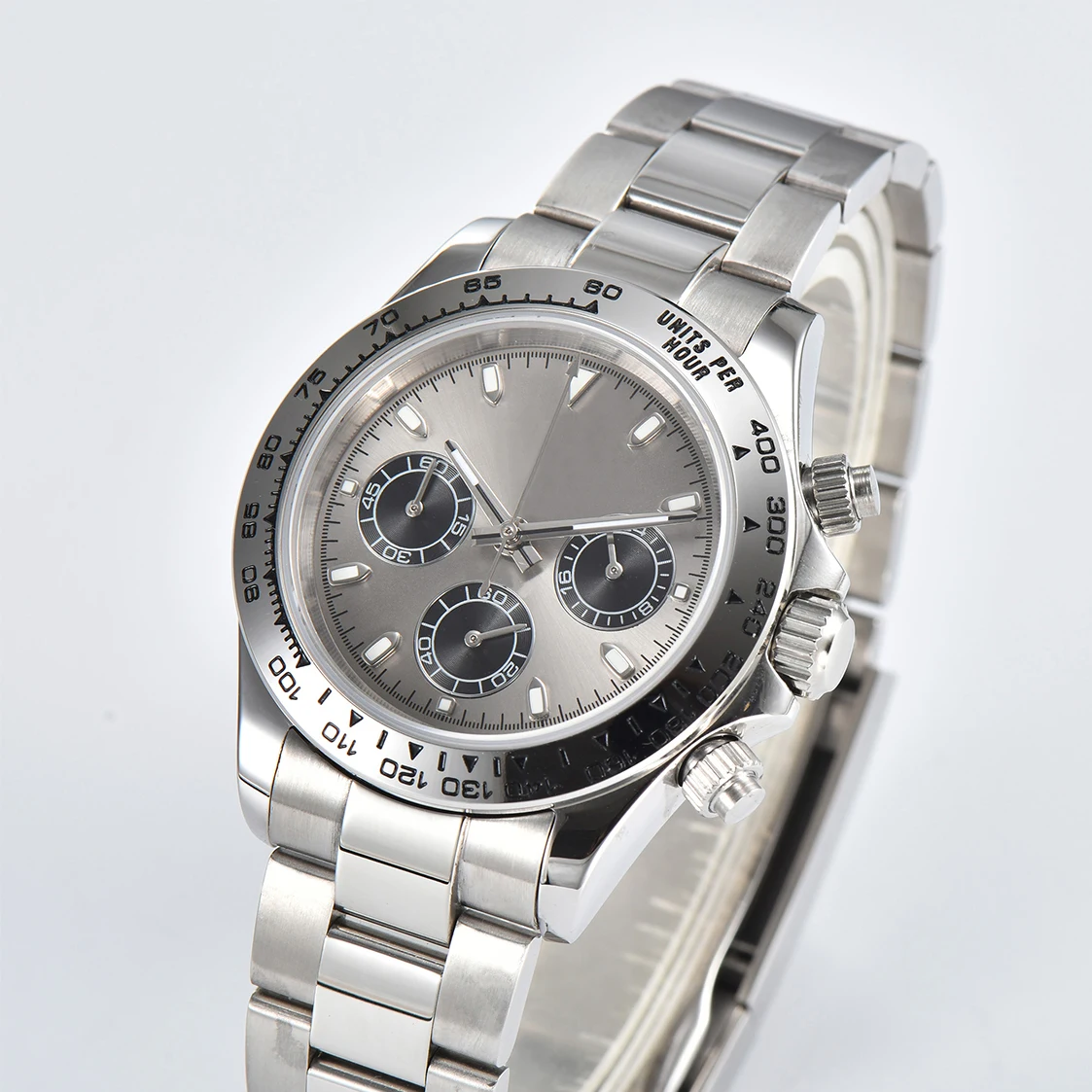 Customisable LOGO VK63 Movement Grey Dial Watch Sapphire Glass 316L Stainless Steel Strap Water Resistant Everyday Match