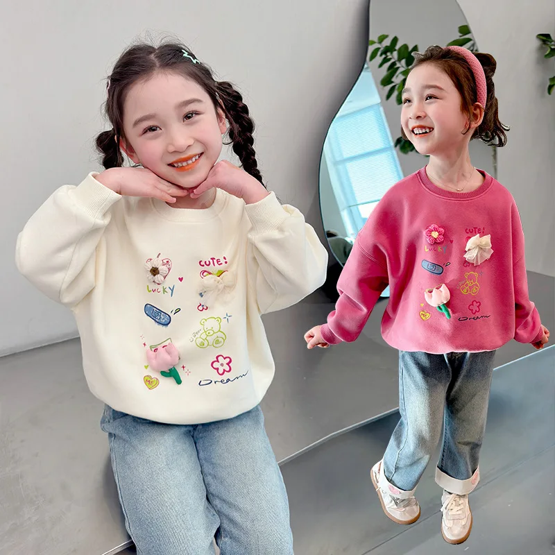 الفتيات هوديي 2025 الربيع والخريف ثلاثي الأبعاد زهرة عصرية عارضة حلوة لطيف قاعدة قميص النمط الغربي