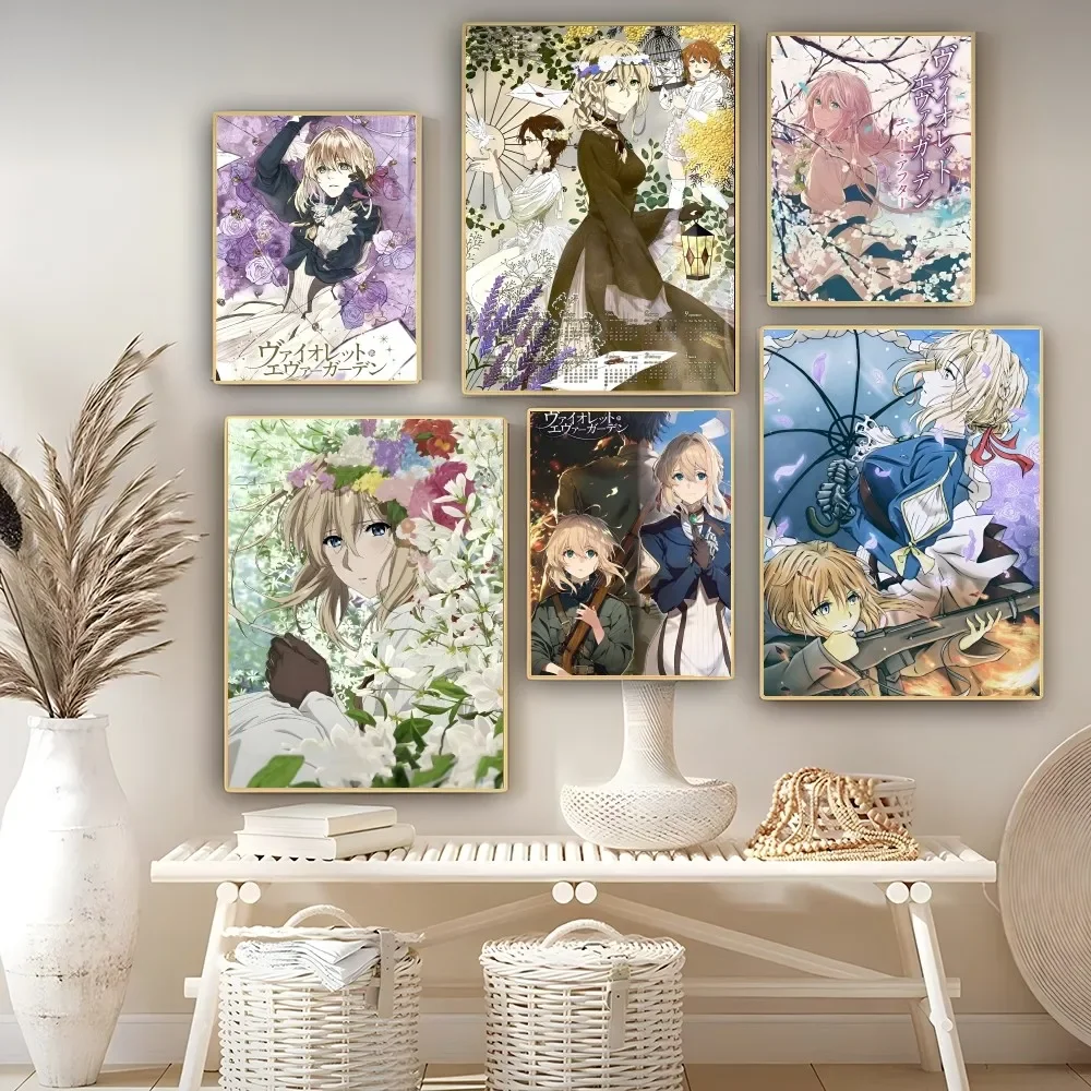 Popular Japan Anime Violet Evergarden Poster Self-adhesive Art Poster Retro Kraft Paper Sticker DIY Room Bar Vintage Decorative