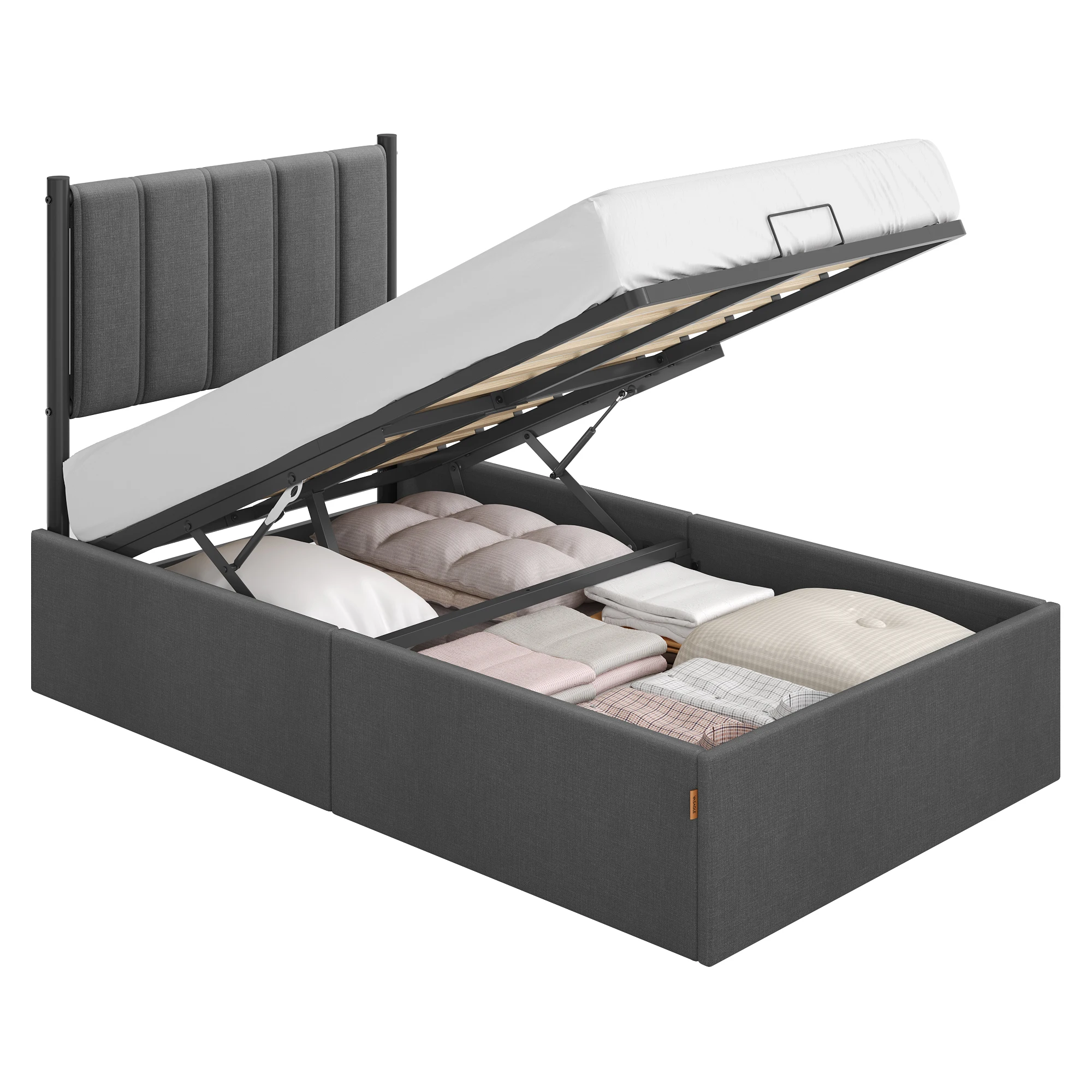 VASAGLE bedframe, 90x200 cm, opklapbaar lattenbodem, onder het bed, met hoofdbord, grijs