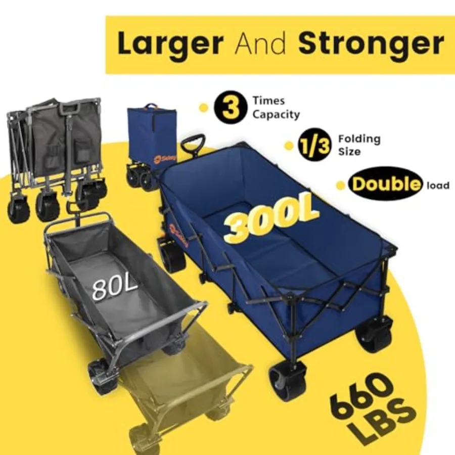 300L Extended Collapsible Wagon for outdoor transport, heavy-duty polyester fabric, black, 660 lb capacity, 48 in long