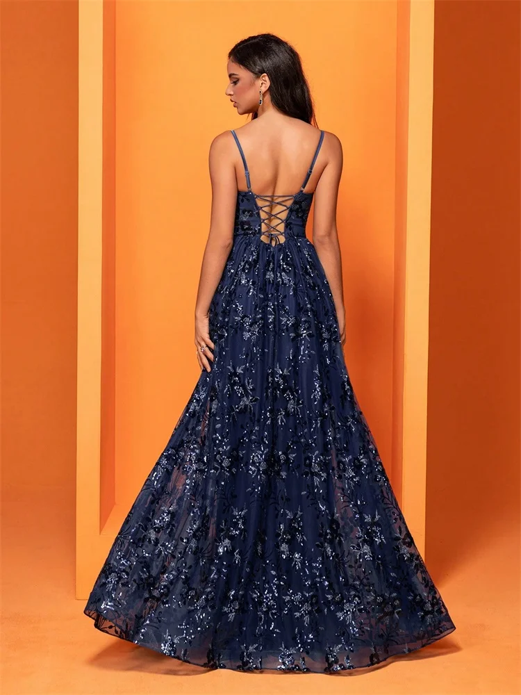 فساتين سهرة فاخرة بفتحة رقبة على شكل V عميقة للنساء 2025 حورية البحر بدون ظهر فستان أزرق رسمي أنيق لحفلات الزفاف وحفلات التخرج