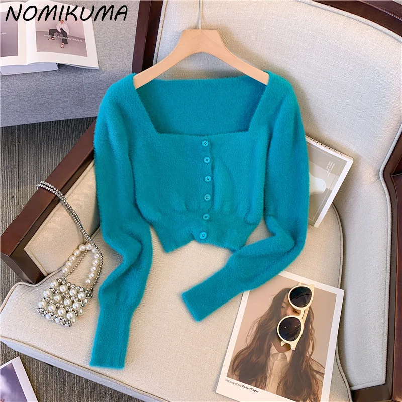 Nomikuma Square Neck Single Breasted Imitation Mink Cashmere Knitted Cardigan Short Sweater for Women In Autumn 2023 New