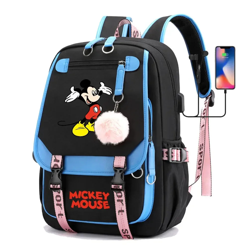 

MINISO Mickey Minnie Mouse Boys Girls Kids School Book Bags Women USB Bagpack Teenagers Canvas Laptop Student Backpack