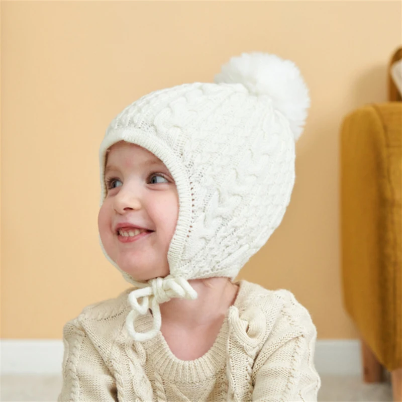 Cute Big Pompom Baby Knitting Cap Twist Winter Warm Infant Toddler Hat Outdoor Thick Solid Plush Beanie For Baby Boy Girl Hats