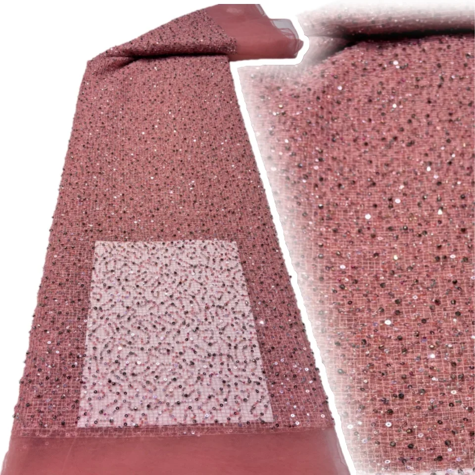 

French Embroidery Beaded Tulle Lace Fabric 2025 High Quality African Nigerian Sequin Lace Fabric for Wedding Dress 5Yards TP1642