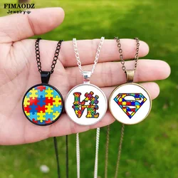 Creative New Autism Awareness Necklace Glass Pendant Puzzle Heart Poster Necklaces For Men Women Jewelry Gift