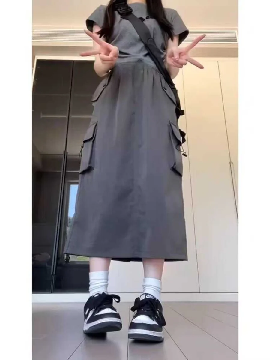 ملابس العمل الأمريكية الرجعية عالية الخصر ألف خط تنورة المرأة حجم كبير الصيف هونغ كونغ Sle سبليت منتصف طول الحلو المدرسة Sle