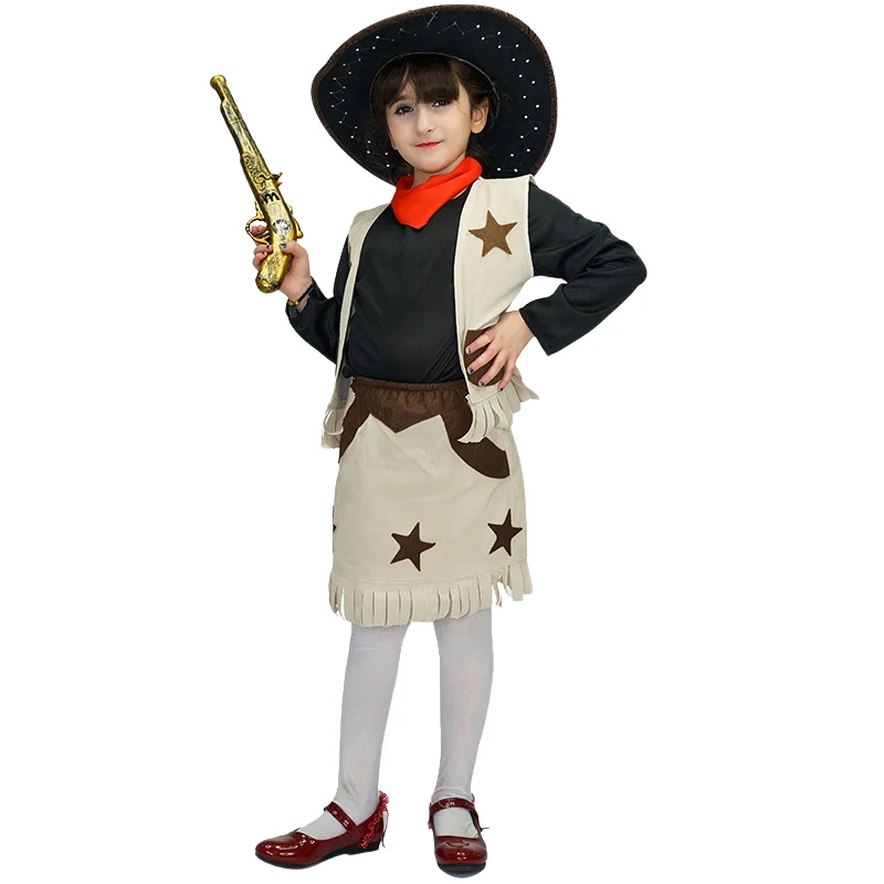 

Halloween Children Cowboy Cosplay Costume Holiday Party Funny Cute Set Girl Hat Fashion Long Sleeve Stage Performance Clothes