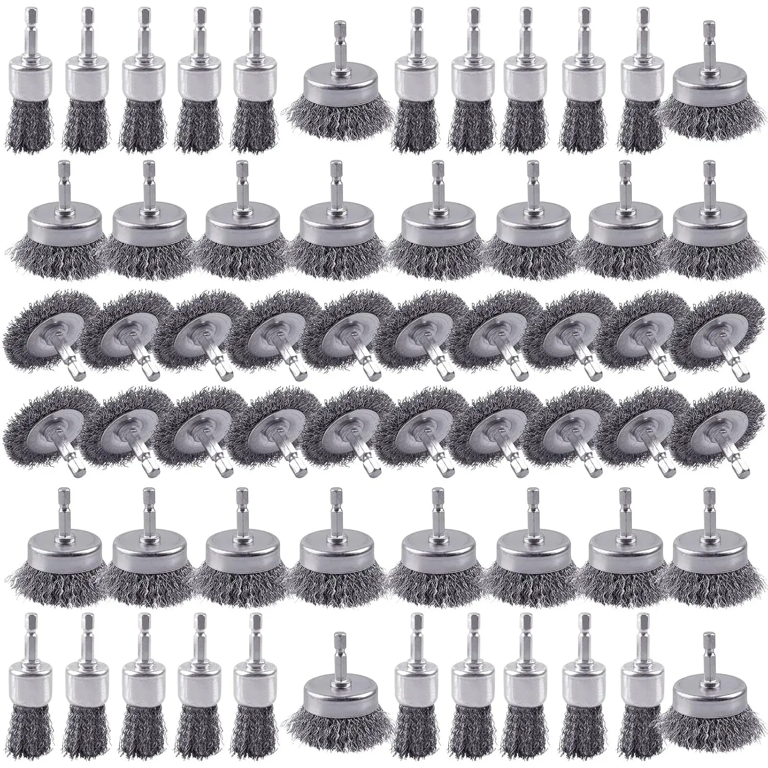 

60 Pack Carbon Steel Wire Wheel Brush Set - Cup, Wheel, and Pen Brushes With 1/4-Inch Hex Shank for Rust Removal