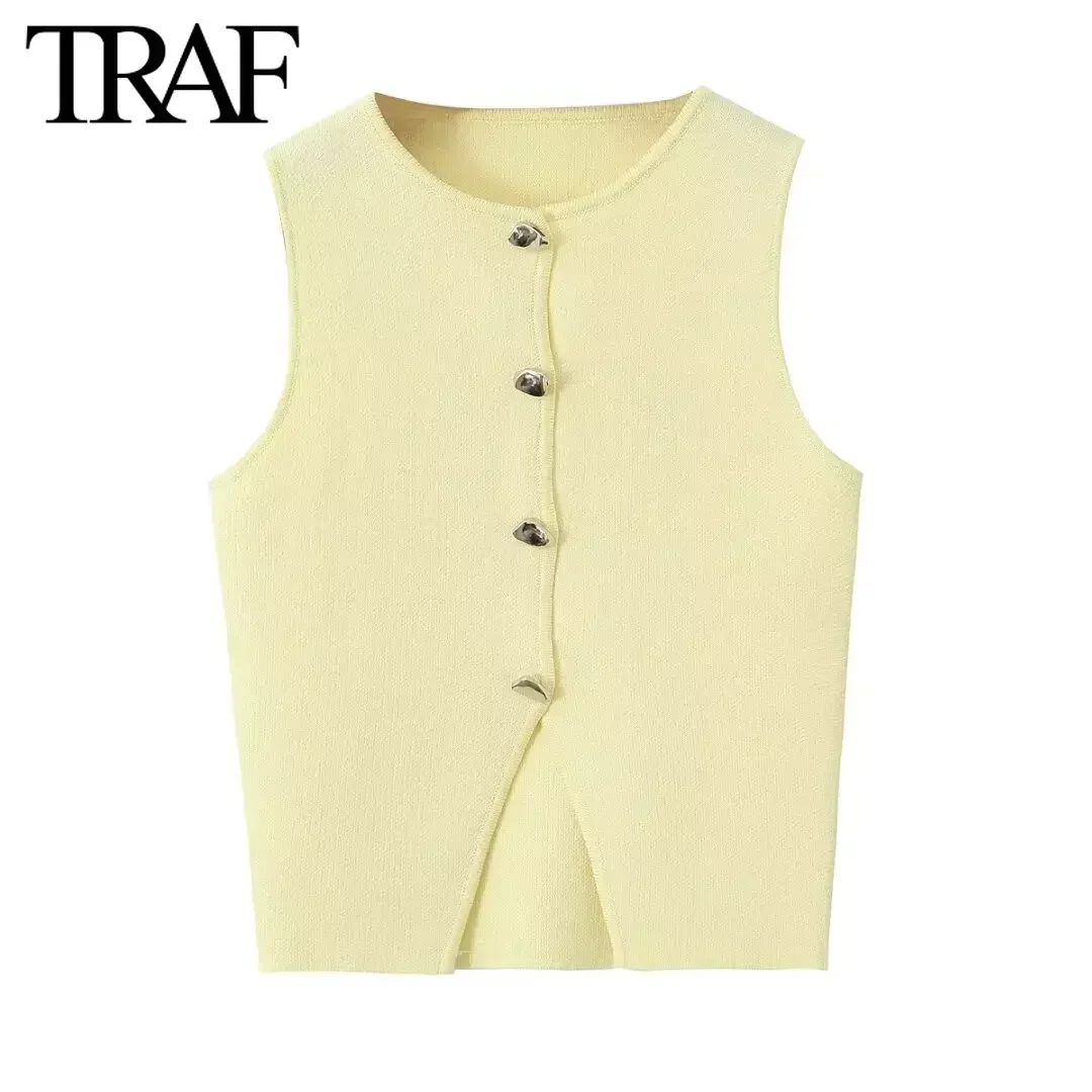 TRAF Women Fashion Summer New Solid Sleeveless Single Breasted Cardigan Round Neck Knitted Sweater Vest Sweet Chic Ladies Tops