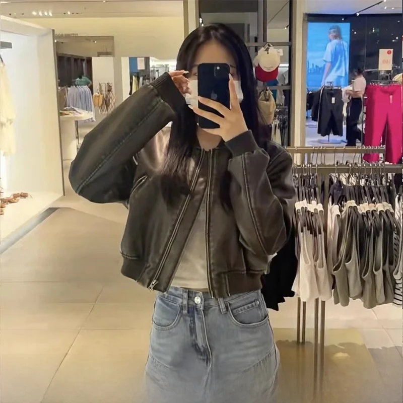 

Fall New Women's Faux Leather Pilot Jacket Coat Straight Cut Short Length Windproof Ladies Fashion Spring 2025