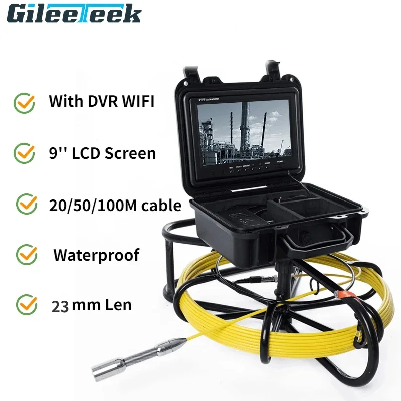 WP9600 Pipe Inspection Endoscope 23mm Lens Camera with AProtective Case 9'' LCD Screen Support WIFI Connection 20/50/100m Cable