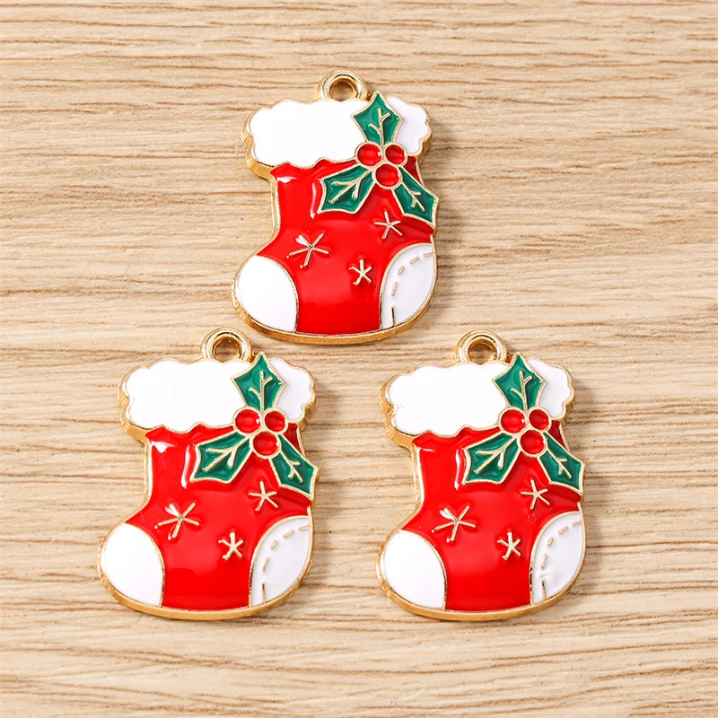 10 Stück niedliche Emaille-Weihnachtssocken-Anhänger für die Schmuckherstellung, Halsketten, Ohrringe, Armbänder, Accessoires, DIY-Bastelarbeiten, Geschenke – Detail 6