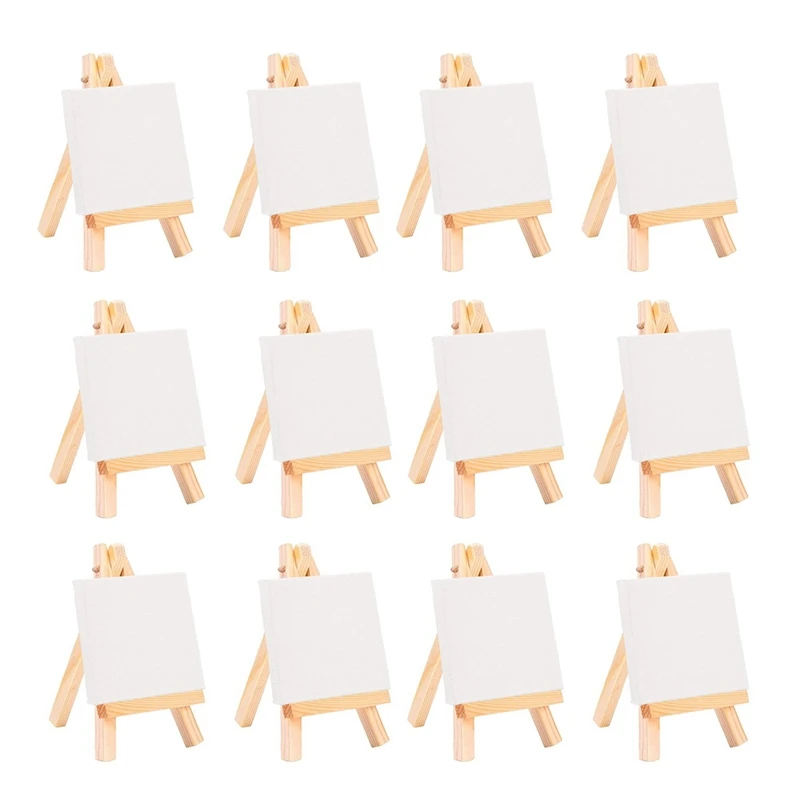 

12Pcs Artists Mini Easel +3 Inch X3 Inch Mini Canvas Set Painting Kids Craft Diy Drawing Small Table Easel For School