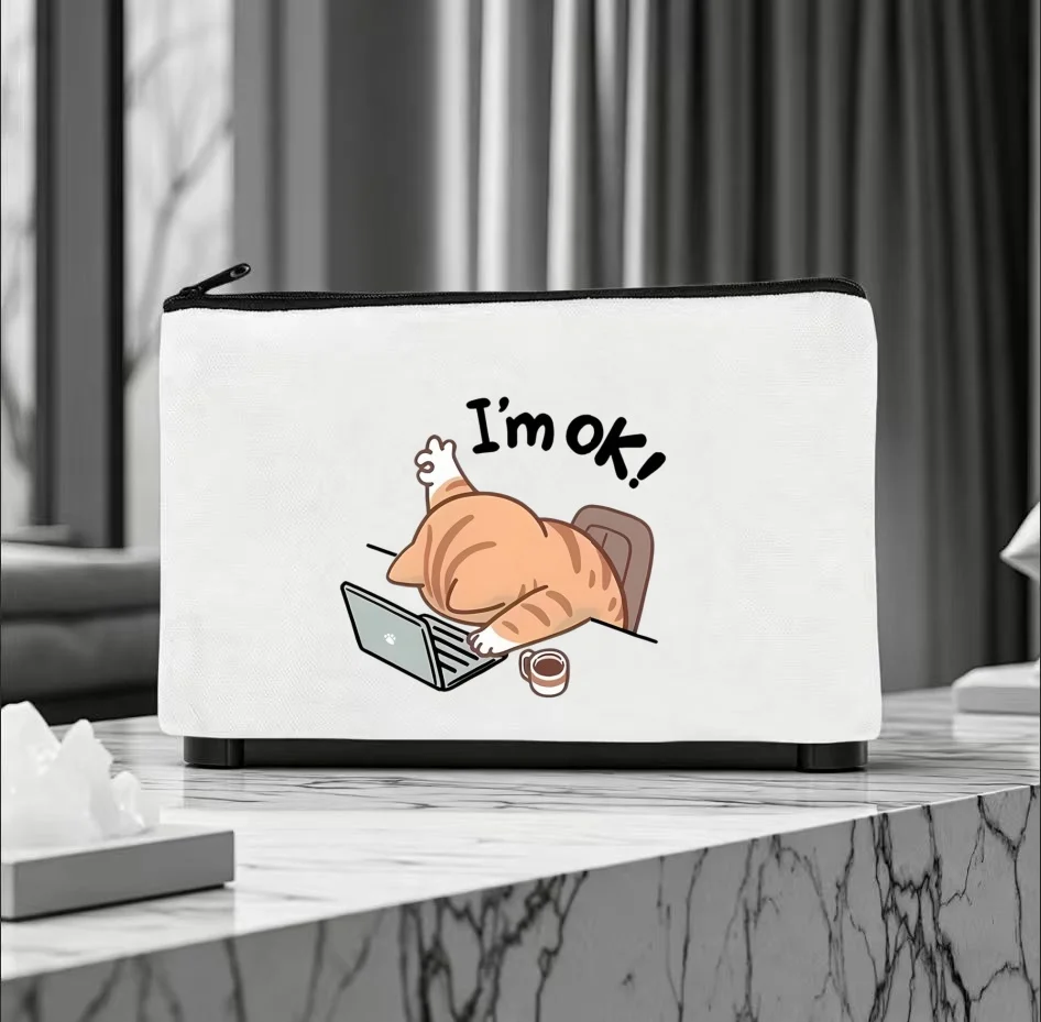 1PC Funny Meme Sleepy Work Cat I'm OK Quote Print Makeup Bag Double Sided Canvas Daily Storage Organizer