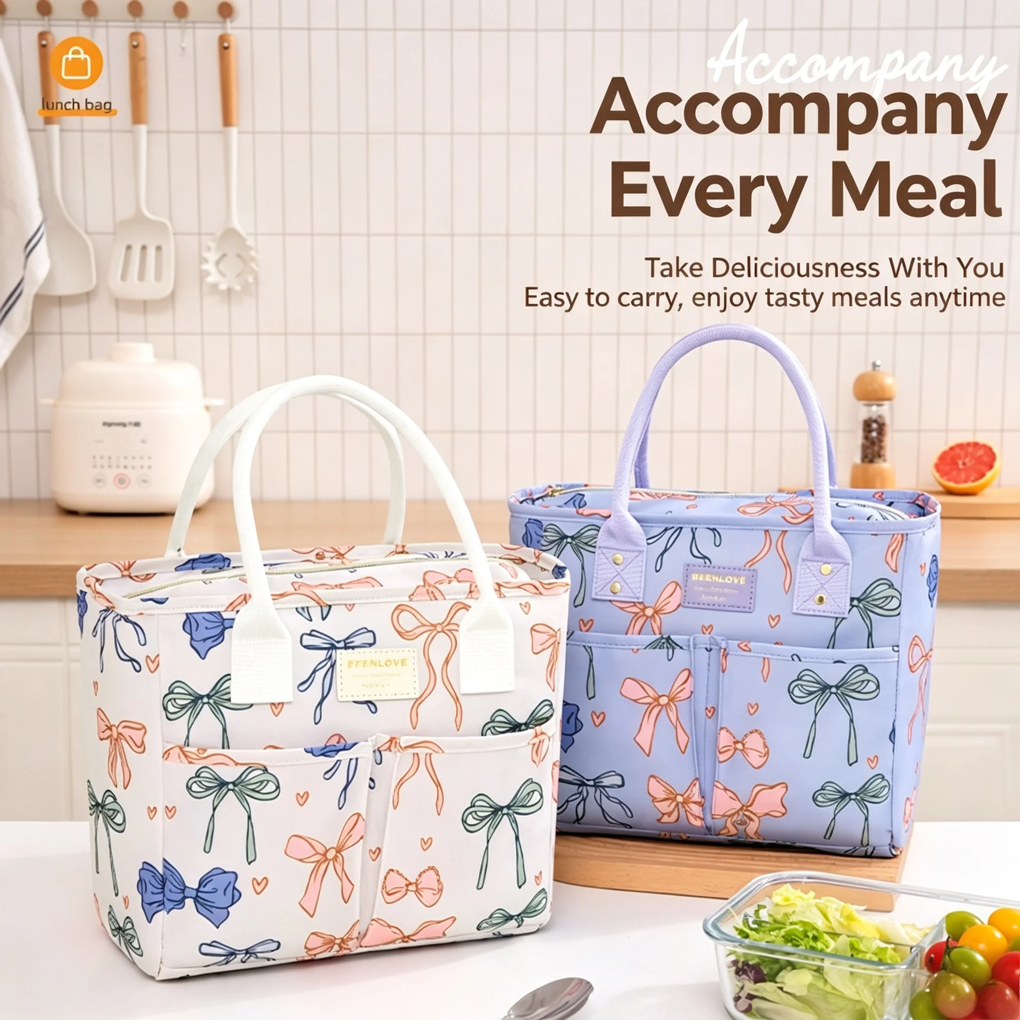 Printed Insulated Lunch Tote Bag, Large Capacity Cooler Bag with Dual Carry Handles, Portable Meal Bag for Work, Office, Picnic