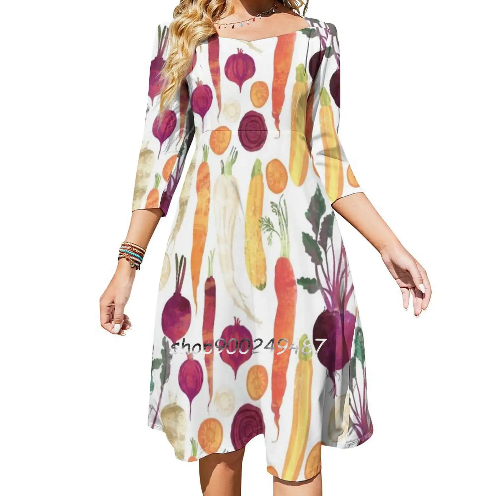 Autumn Vegetables Pattern On White Background Square Neck Dress New Plus Size Elegant Women Waist Tight Dress Beetroot Carrot